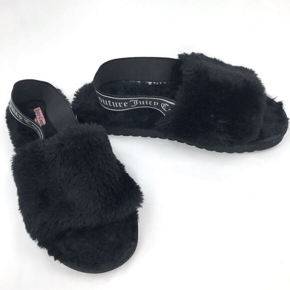 Juicy Couture Black Fuzzy Faux Fur Peep Toe Signature Slippers - Picture 2 of 10